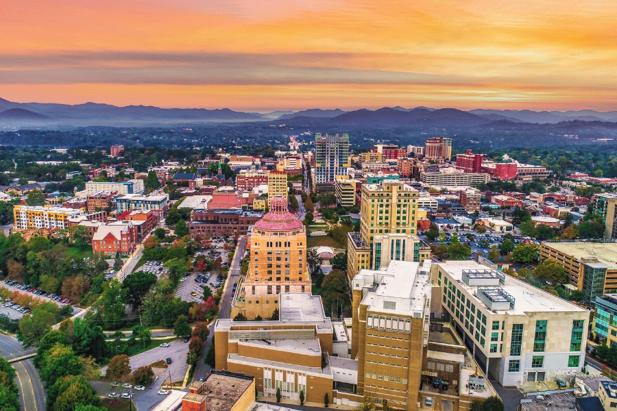 golden sunset over Asheville, NC in the mountains