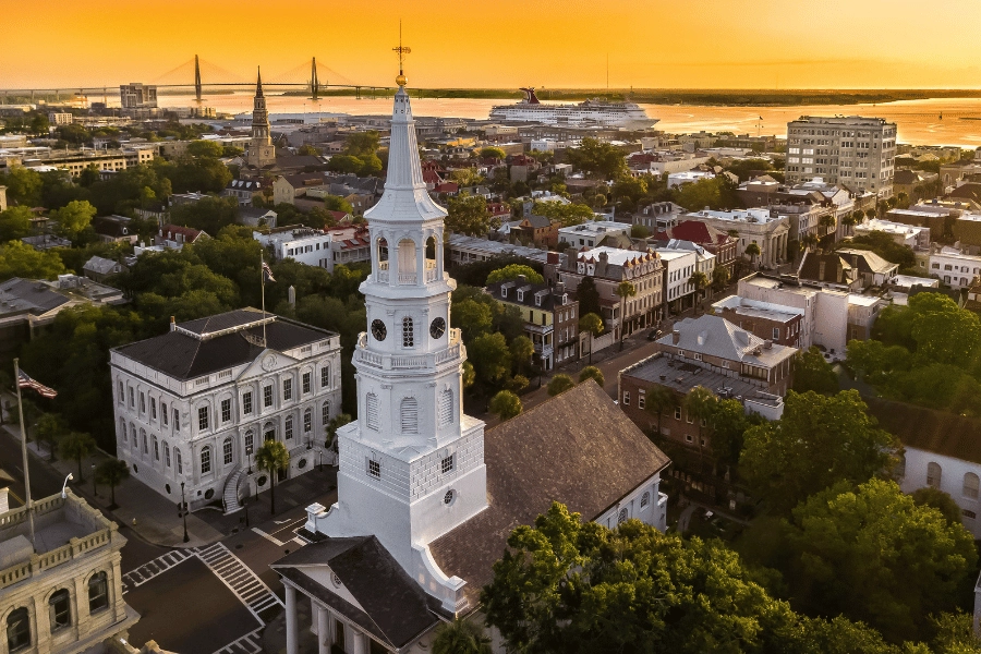 beautiful yellow sunset over Downtown Charleston, SC, and the waterfront 