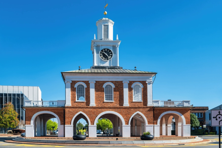 Downtown Fayetteville, NC clocktower on a sunny day