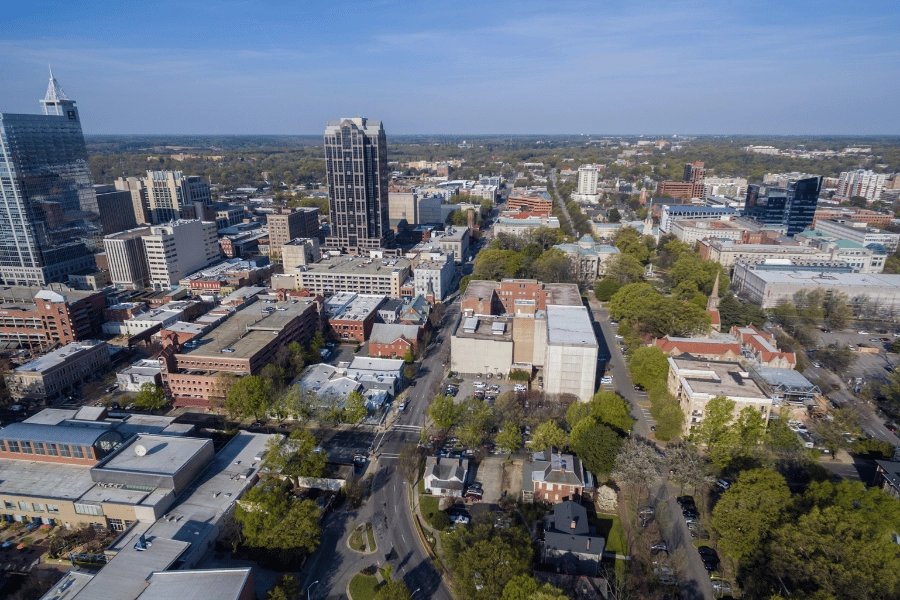 Aerial view overlooking downtown Raleigh, NC 