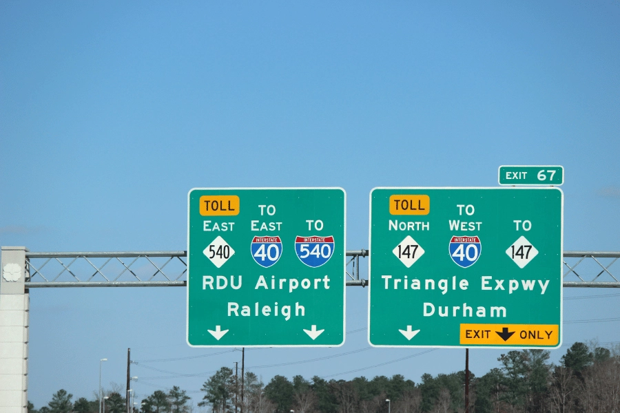 RDU Airport green sign on the highway in NC