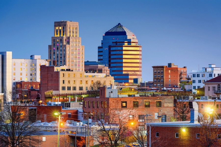 Durham, NC, city skyline with brick buildings
