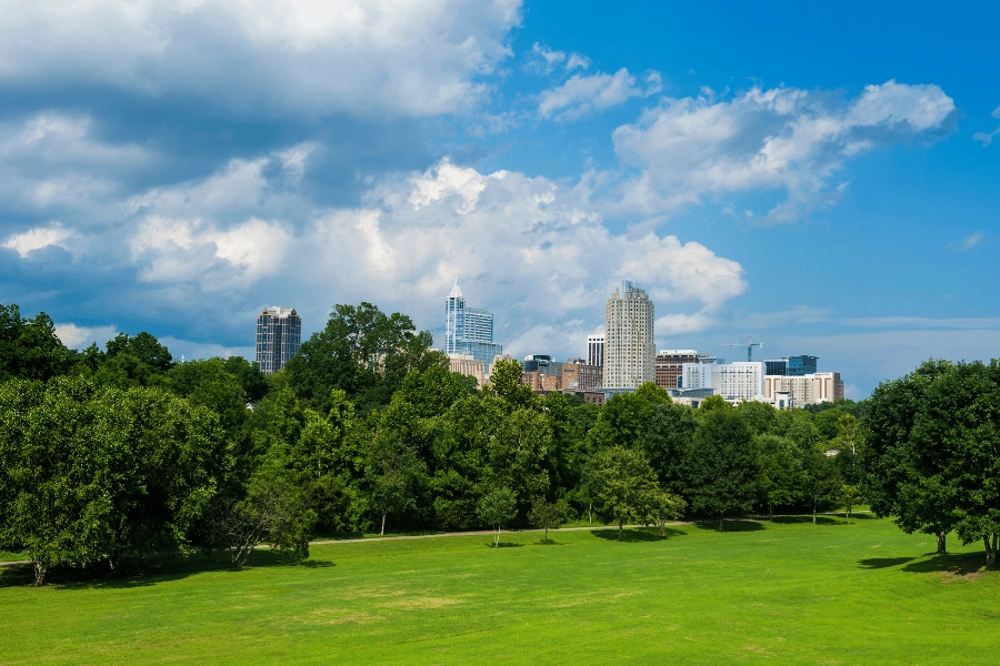 Dorothea Dix Park overlooking the Raleigh skyline