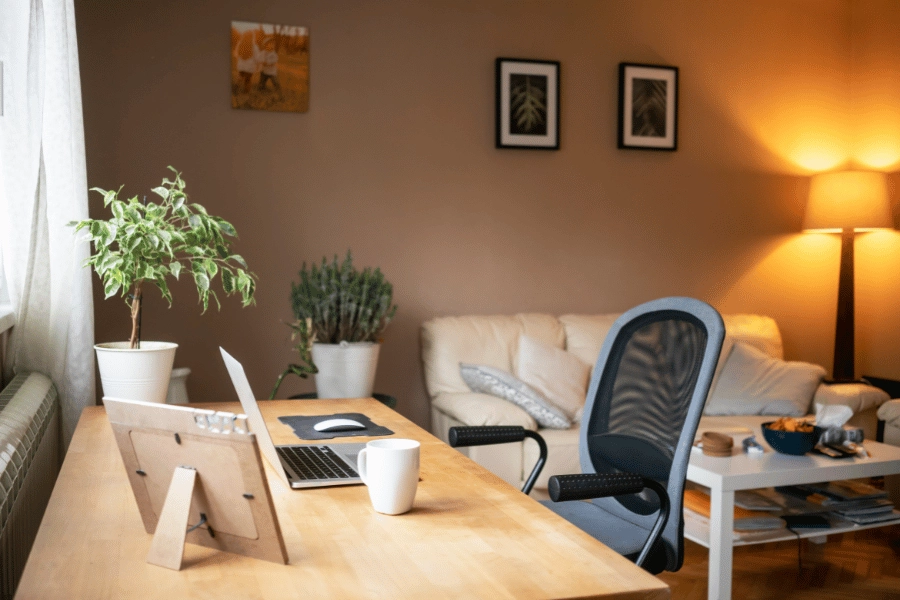 cute and clean home office with a desk and chair