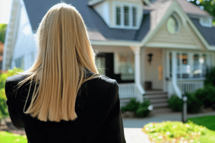 real estate agent standing in front of single-family home with front porch