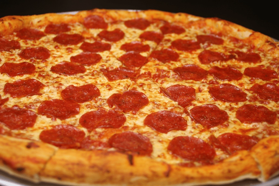 large pepperoni pizza with thick crust 