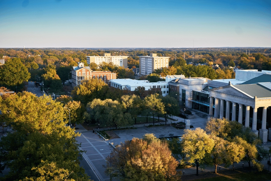 Raleigh, NC, on a beautiful day with view of the street and trees