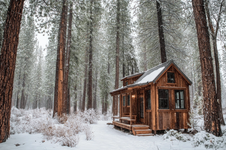wood tiny home in a snowy forest
