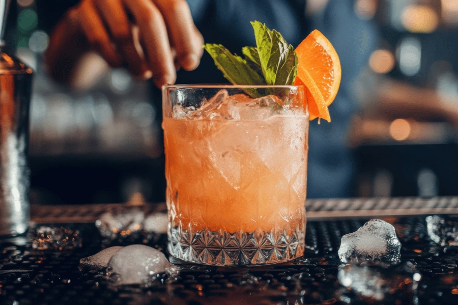 orange cocktail in a crystal glass with garnish and an orange slice