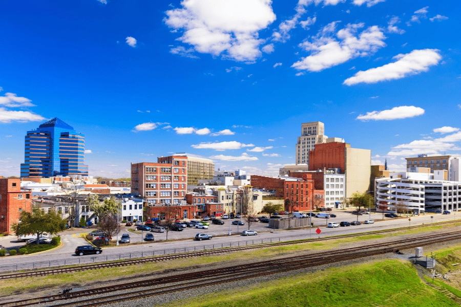 Durham, NC skyline overlooking the train tracks on a bright day