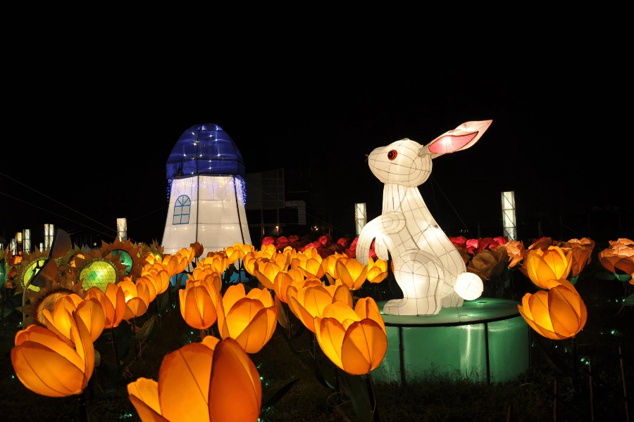 cute bunny and tulip lanterns at the Chinese Lantern Festival