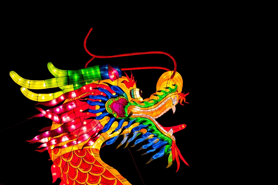 Colorful dragon head lantern lit up at lantern festival
