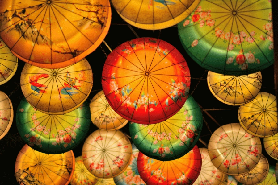 Bright and colorful Chinese umbrella lanterns 