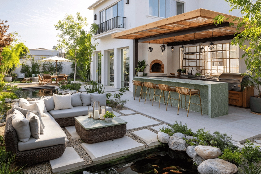 amazing outdoor living space with seating area and covered outdoor kitchen 