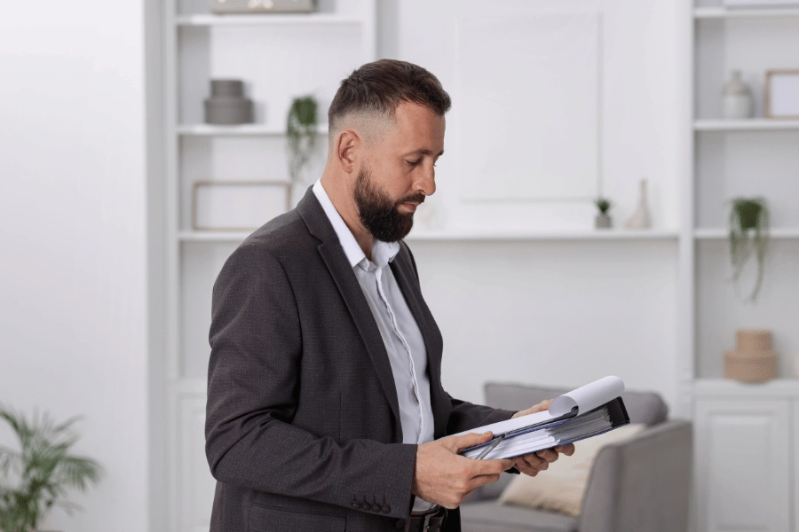 man conducting a home appraisal inside of the home 