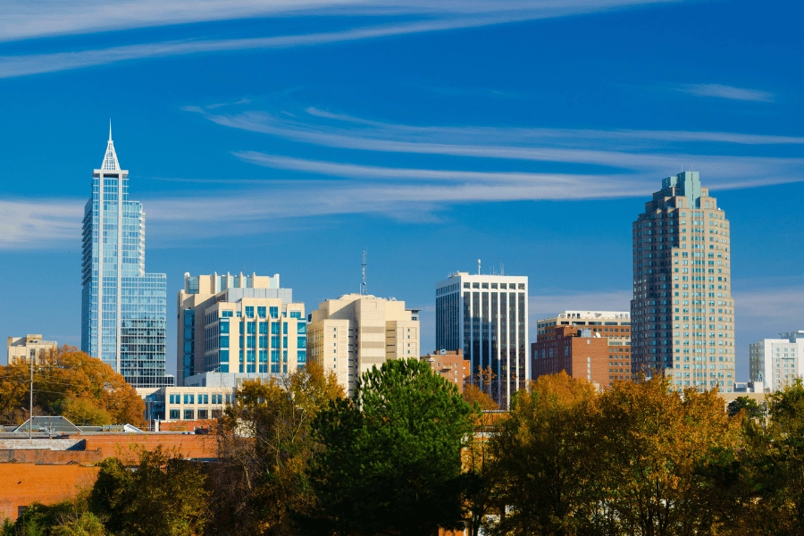 Sunny day in Downtown Raleigh overlooking the skyline