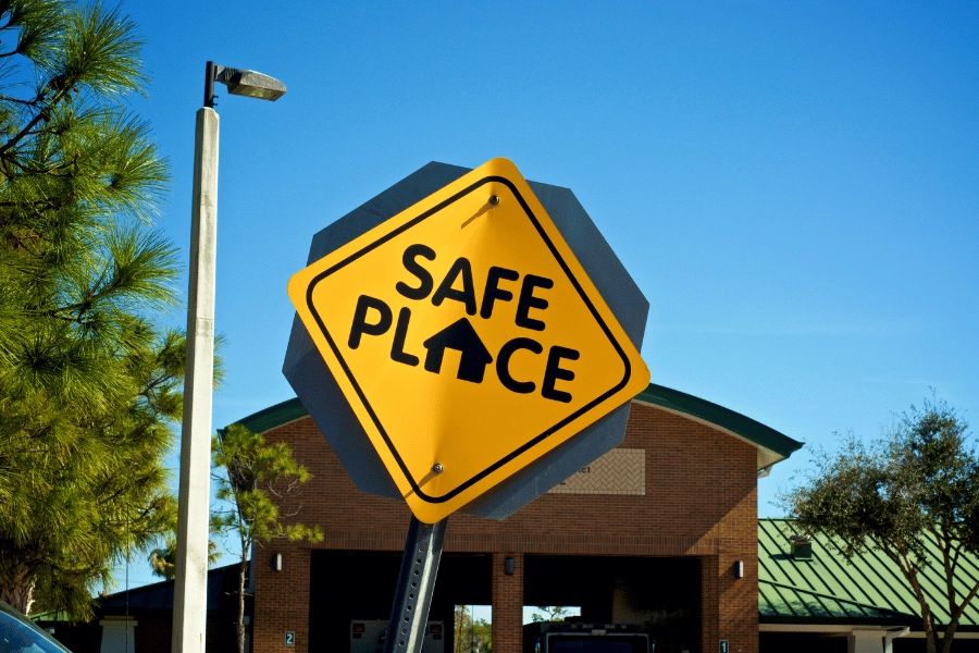 yellow safe place sign in a safe neighborhood