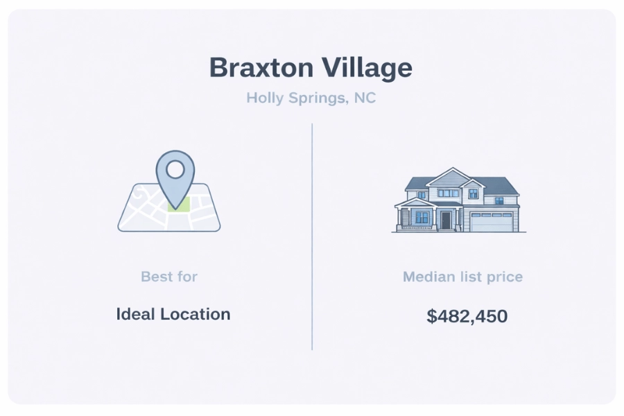 Braxton Village graphic that is best for ideal location and median list price in Holly Springs, NC