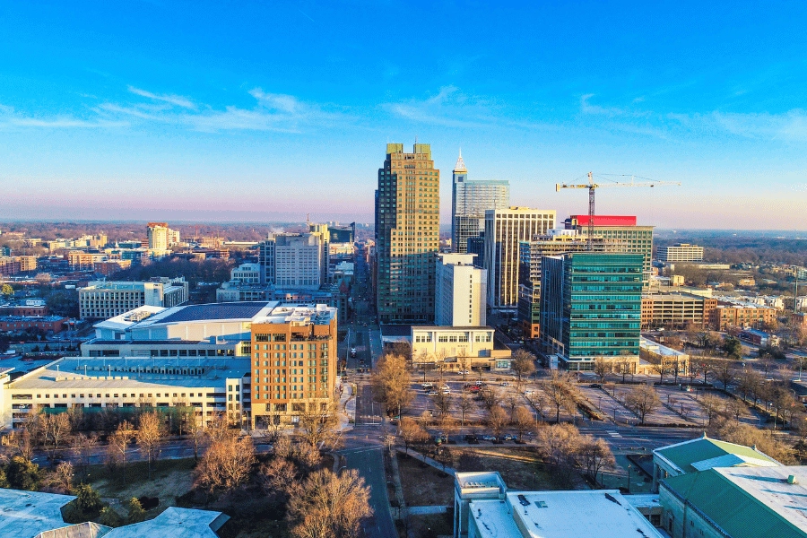 overlooking the Raleigh, NC, skyline and its many buildings