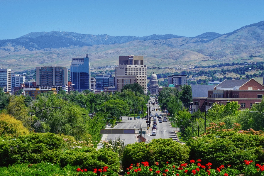 city skyline and lush greenery under blue sky during the daytime and mountains in the background