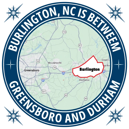 Burlington NC is located between Greensboro and Durham